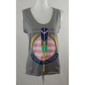 Simply Southern Womens Top Small Gray Sleeveless Graphic Tank Classy Happy